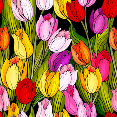 Panele Szklane  Jasny kwiatowy wzór z czerwone, żółte, fioletowe tulipany i zielone liście na czarnym tle. Ręcznie rysowane. Do tekstyliów, mody, tapet, papieru do pakowania. Czas ilustracja wektorowa.