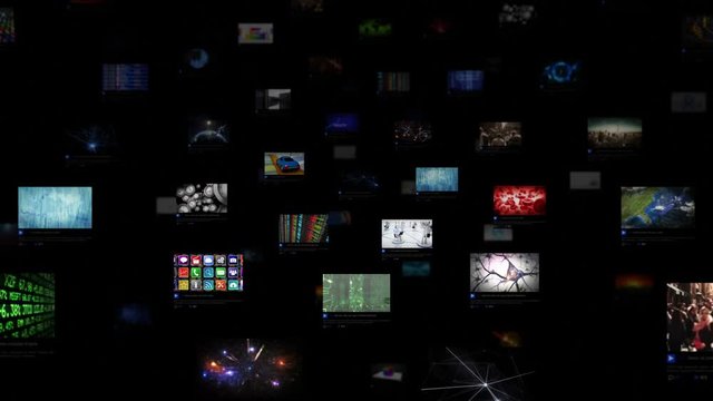 Video Wall Background. Sphere. Journey through video screens showing multiple themed videos. Loopable. Dolly. All videos in this animation are available in my portfolio.   