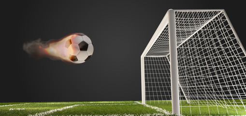 fire flames soccer football ball with soccer goal 3d-illustration © wetzkaz