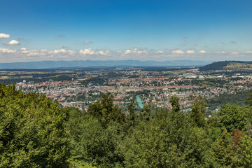 Fototapeta na wymiar Bern, Switzerland - July 30, 2019: Panoramic view at sunny summer day fro the top of Gurten Mountain Park
