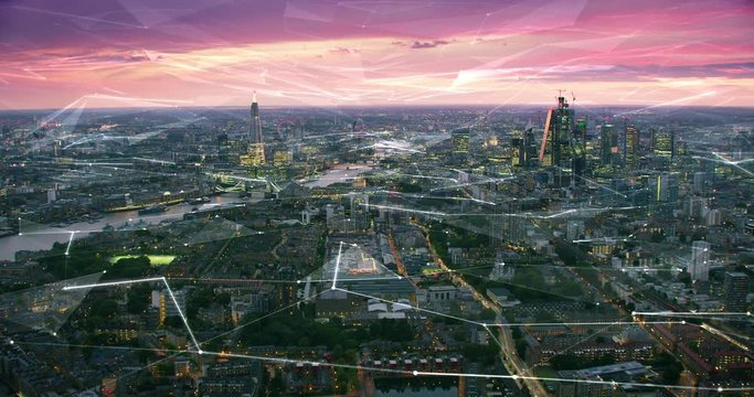 Aerial view of London Skyline with connections. Technology-Futuristic. High tech view of the financial district connected through a network. Internet of Things. Artificial intelligence. RED 8K.