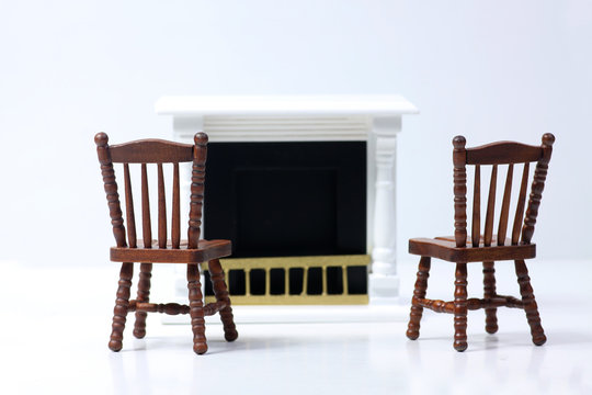 Doll House Interior - Two Chairs Next To Fire Place Isolated On White Background