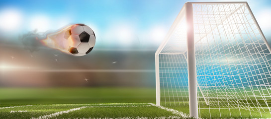fire flames soccer football ball with soccer goal 3d-illustration © wetzkaz