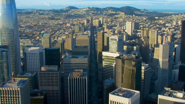 Aerial view of Market street and several skyscrapers. San Francisco Financial District. Shot on Red weapon 8K. California, United States.