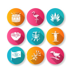 Brazilian culture flat design long shadow glyph icons set. Traditional masquerade. Flamingo. Jesus statue. Carnival hat. Samba. Ethnic festival. National holiday. Silhouette RGB color illustration
