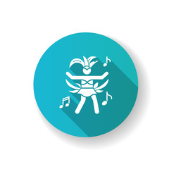 Dancing lady blue flat design long shadow glyph icon. Samba. Womens carnival costume. Brazilian carnival. Ethnic festival. National holiday. Masquerade parade. Silhouette RGB color illustration