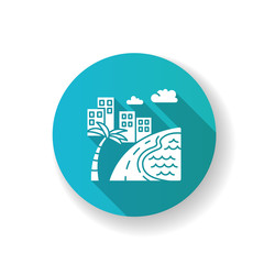 Brazil ocean beach blue flat design long shadow glyph icon. Skyscrapers and pond. Buildings. Road along coast with palm. San Paulo. Rio de Janeiro. Silhouette RGB color illustration