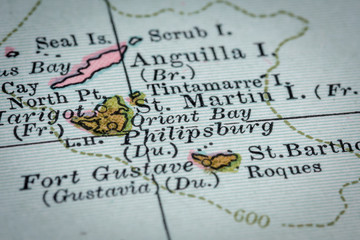 Selective focus of St Martin/Sint Maarten vintage map from "The Century Atlas - Central America" expired copyright dated 1897 and 1902 by the Century Company. Original map is public domain. 