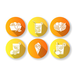 Brazilian cuisine flat design long shadow glyph icons set. Arancini. Сheese bread. Caipirinha. Alcoholic beverage with lime. Traditional food and cocktail. Silhouette RGB color illustration