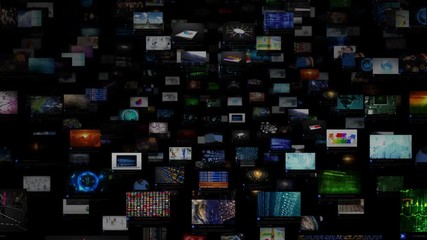 Video Wall Background. Sphere. Journey through video screens showing multiple themed videos. Loopable. Dolly. All videos in this animation are available in my portfolio. 
