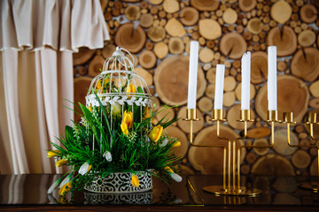 Candle holder with candles.