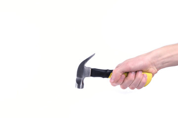 Hand holds hammer isolated on white background
