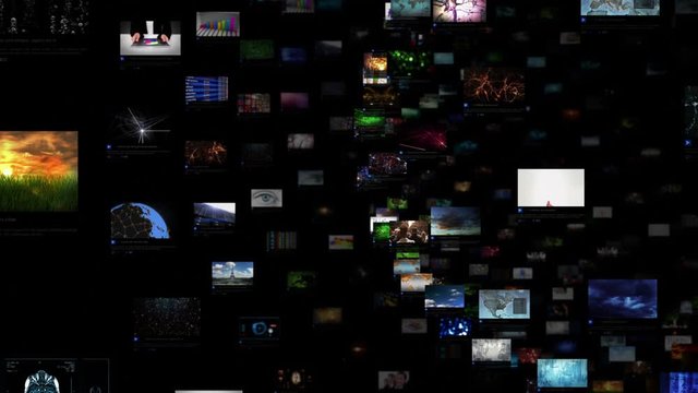 Video Wall Background. Sphere. Journey through video screens showing multiple themed videos. Loopable. Dolly out. All videos in this animation are available in my portfolio. 