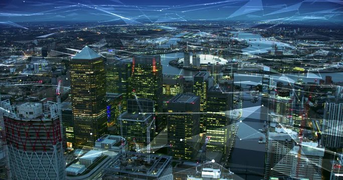 Aerial view of London Skyline with connections. Technology-Futuristic. High tech view of the financial district connected through a network. Internet of Things. Artificial intelligence. RED 8K.
