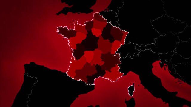 Highly detailed map of France showing the administrative regions, airports and routes. Red.