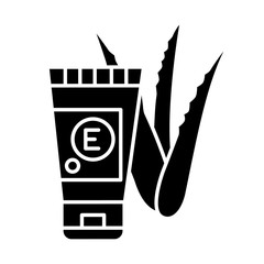 Hand cream with vitamin black glyph icon. Organic lotion in tube. Cosmetic with medicinal plants extract. Aloe vera leaves and sprouts. Silhouette symbol on white space. Vector isolated illustration