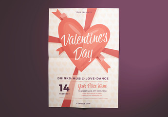 Valentine'S Day Flyer Layout with Heart and Ribbon Illustration Elements
