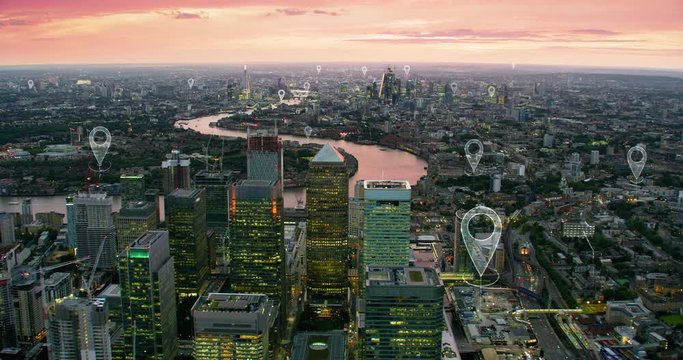 Localization icons in a connected city. Aerial futuristic view of London skyline. Technology concept, data communication, artificial intelligence, internet of things, smart city. England.