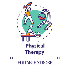 Physical therapy concept icon. Workout in gym. Massage, chiropractic. Rehabilitation procedures. Physiotherapy idea thin line illustration. Vector isolated outline RGB color drawing. Editable stroke