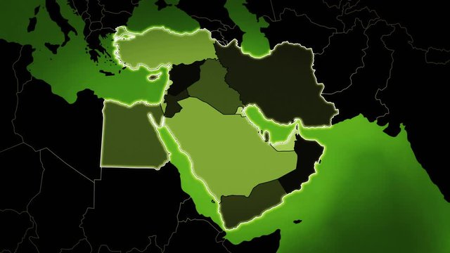Highly detailed map of the Middle East region, showing the countries, airports and routes. Green.