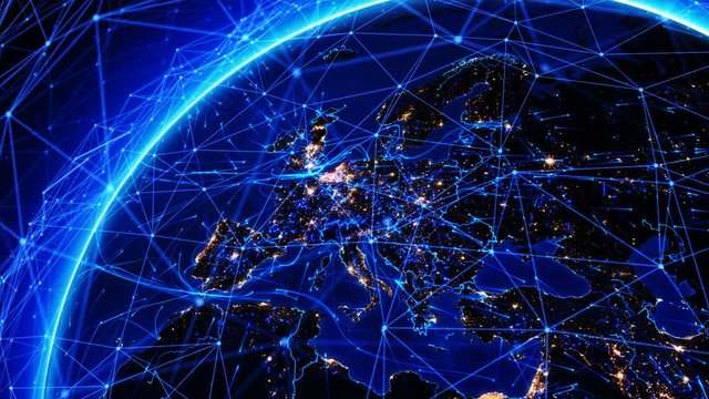 Bright connections forming a network over Europe. This video can be used to represent concepts like technology, social networks, communication, air and sea transportation.