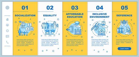 Naklejka premium Inclusive education onboarding vector template. Equality and deference. Affordable studying. Responsive mobile website with icons. Webpage walkthrough step screens. RGB color concept