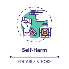 Self harm concept icon. Masochism. Self-injury and substance abuse. Personality disorder. Mental illness idea thin line illustration. Vector isolated outline RGB color drawing. Editable stroke