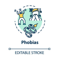 Phobias concept icon. Irrational fear reaction. Arachnophobia, herpetophobia. Mental disorder. Psychiatry idea thin line illustration. Vector isolated outline RGB color drawing. Editable stroke