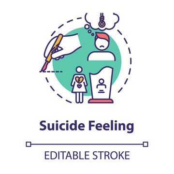 Suicide feeling concept icon. Suicidal ideation. Mental disorder, depression. Health care. Psychiatric illness idea thin line illustration. Vector isolated outline RGB color drawing. Editable stroke