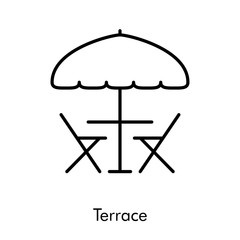 Terraza de café en la calle. Icono plano lineal sombrilla con mesa y sillas en color negro © teracreonte