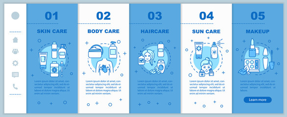 Skincare onboarding vector template. Body and hair care. Suncare, makeup. Cosmetic products. Responsive mobile website with icons. Webpage walkthrough step screens. RGB color concept