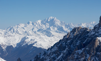 Mont blanc view snowy mountain from Mont Vallon Meribel 3 vallees