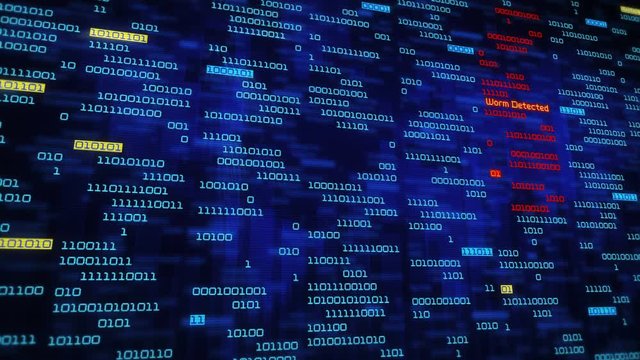 Binary data code animation showing warning messages in a virtual environment. Security breach concept, warning texts in a virtual environment.  System hacked. Virus detected. Binary. Lateral-Blue.