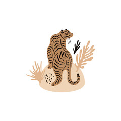 Cute vector tiger composition. Ecology concept. Tigers population. Protect animals. Palm leaves background. Good for summer sale, social media promotional content and more. Vector illustration.