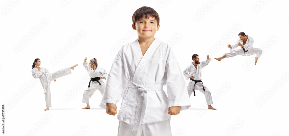 Sticker Boy in karate kimono standing in front and men and women exercising in the back