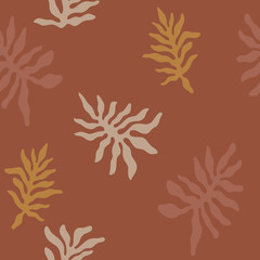 Modern abstract terracotta trendy seamless pattern with random floral leaves different shapes. Tropical monstera silhouettes in warm pastel natural earthy color palette. Good for branding, packaging o