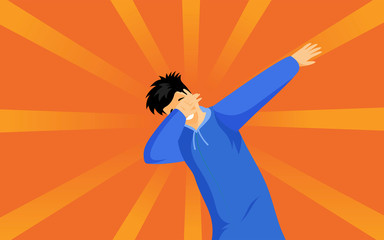 Dabbing hipster guy flat vector illustration. Young man in blue hoodie showing trendy dab sign cartoon character. Stylish teenager standing in dub dance pose isolated on orange background - obrazy, fototapety, plakaty