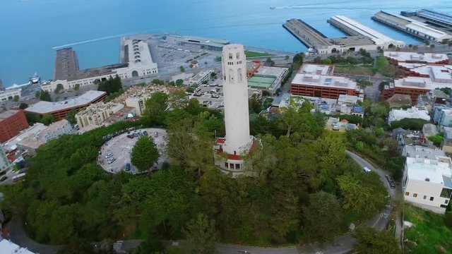 Aerial view of The Coit Tower. San Francisco, California. USA. Shot from helicopter.
