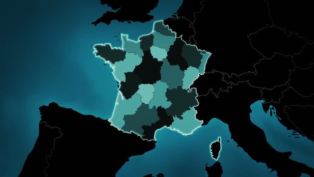 Highly detailed map of France showing the administrative regions, airports and routes. Blue.