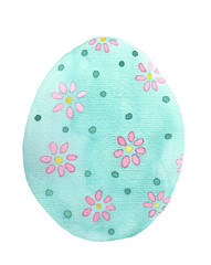 Easter turquoise egg with a pattern of pink daisies. Watercolor illustration