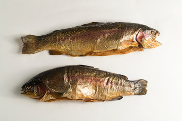 Cold smoked rainbow trout on a white background