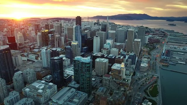 Beautiful aerial view of San Francisco Financial district during sunset. California, USA. Shot from helicopter.