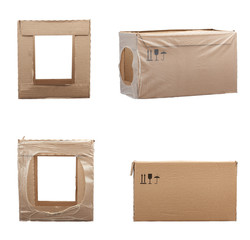 set of rectangular boxes made of brown cardboard isolated on a white background