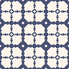 Geometric seamless pattern with big circles, square tiles, grid. Blue and white