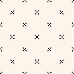 Simple minimalist floral texture. Geometric seamless pattern with small flower silhouettes, crosses. Vector abstract monochrome background. Black and white minimal ornament. Repeat decorative design 