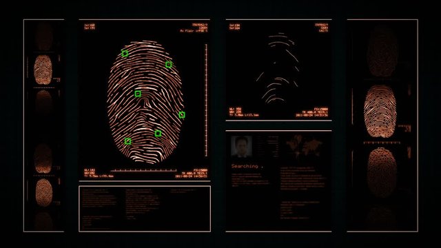 Fingerprint security interface. Scanner searching and analyzing several fingerprints in a database. Technology verification and authentication. Red.