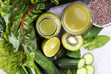 Healthy green smoothie and ingredients - detox and diet for health