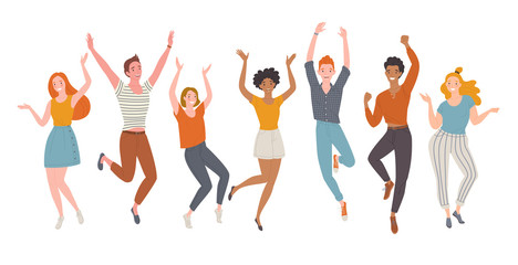 Hello holidays! Vector illustration of a group young and happy people in casual summer outfits. Isolated on white