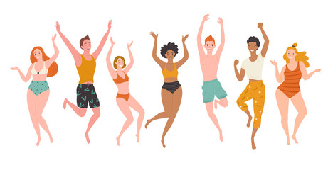 Hello holidays! Vector illustration of a group young and happy people in swim suits and beach wear. Isolated on white
