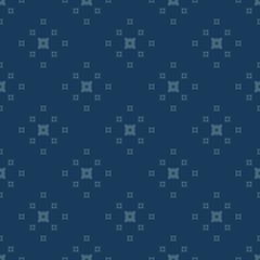 Minimalist geometric seamless pattern. Dark blue background. Simple vector abstract texture with small squares. Minimal repeatable design for decor, prints, curtain, textile, furniture, gift paper